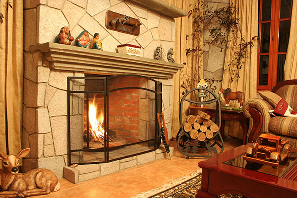 A fireplace in a living room with a screen protecting from an active flame.