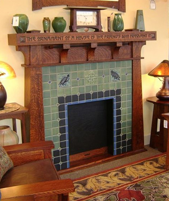 An artsy fireplace design with an elaborate surround and matching décor.