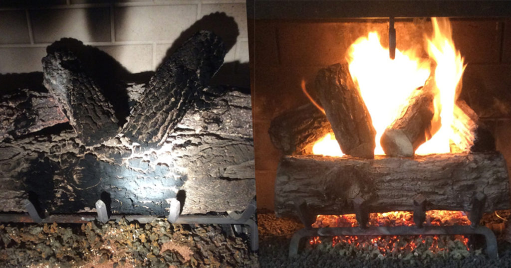 A gas fireplace before and after repairs.