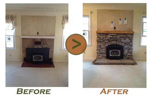 Before and after photo of fireplace remodel by Doctor Flue.