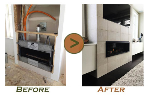 Before and after photo of gas fireplace facelift by Doctor Flue