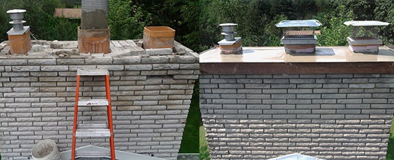 A damaged chimney crown before and after a new crown installation.