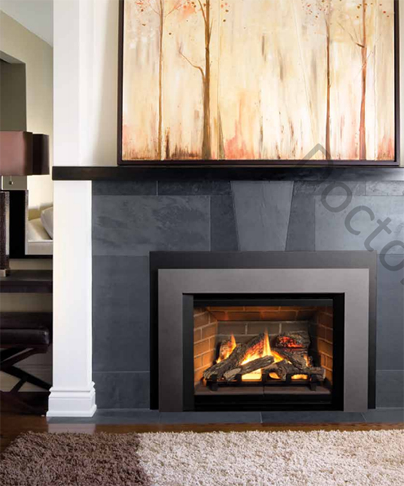 Modern fireplace design with crisp edges and contrasting colors.