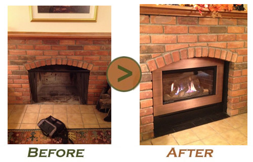 Fireplace remodel before and after photo by Doctor Flue.