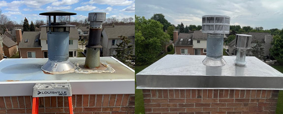 Before and after: a stained, rusted chase cover with two flue pipes, and the same chimney with a new stainless steel chase cover