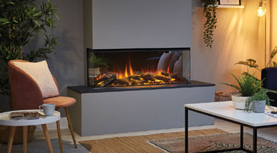 Three-sided electric fireplace with a glowing log display in a modern living room