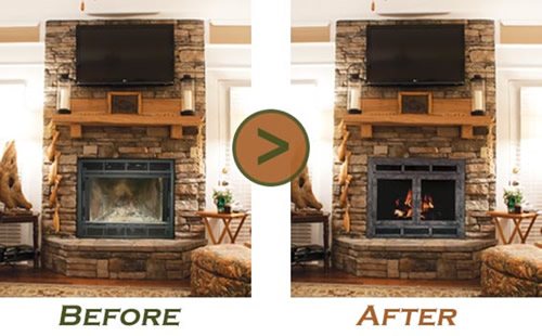 A fireplace before and after a Fireplace Facelift