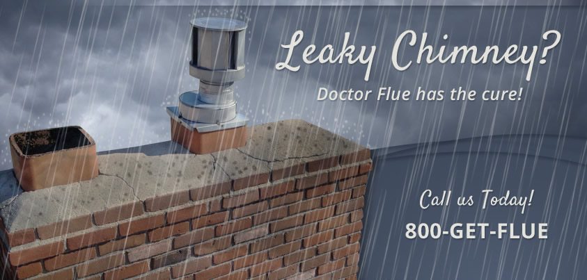 Cracked masonry chimney in the rain with the words Leaky Chimney? Doctor Flue has the cure